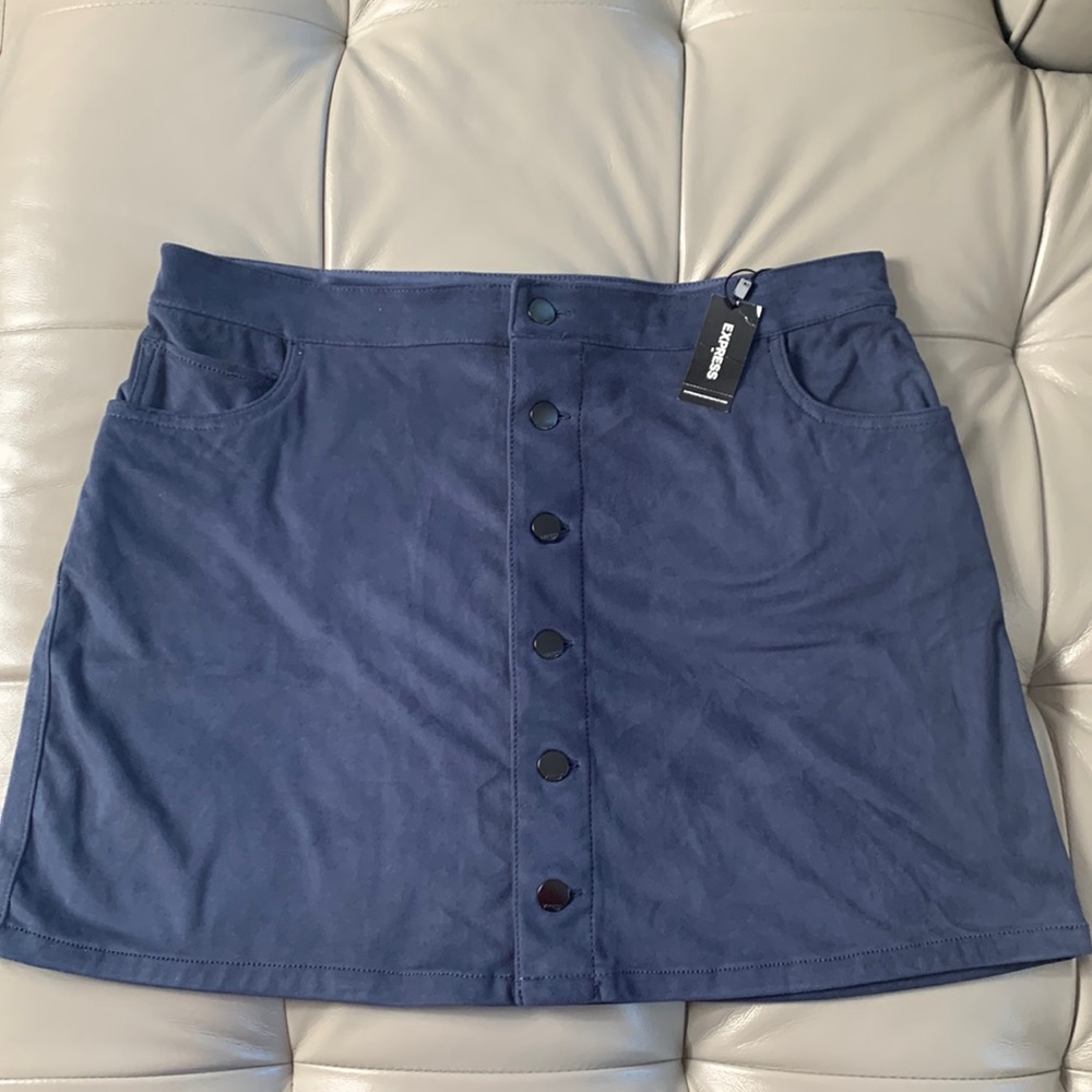 Express Blue Velvet Button Up Mini Skirt